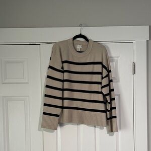 H&M Beige and Black Striped Crewneck Sweater